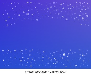 Chaotic confetti isolated on blue background. Graphic particles. Vector illustration. White beautiful, shiny, abstract snowflakes for paper packaging or greeting card.