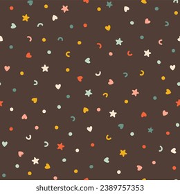 Caótico confetti sin fisuras. Fondo abstracto vectorial. Las simples formas de caramelos, estrellas, corazón y puntos de polka en una divertida paleta vintage son perfectas para envolver papel de regalo