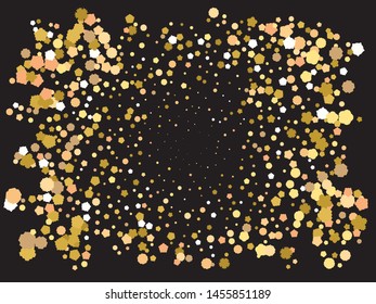 Chaotic crackers on black background. Vector illustration art. Graphic element of your design. Gold elegant trendy pattern for paper packaging, greeting card, banner, invitation, postcard.