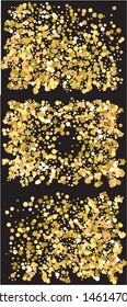 Chaotic crackers on black background. Vibrant element of design. Vector illustration backdrop. Gold elegant trendy patterns set for paper packaging, greeting card, banner, invitation, postcard.