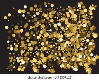 Chaotic crackers on black background. New element of your design. Vector illustration art. Gold elegant trendy pattern for paper packaging, greeting card, banner, invitation, postcard.