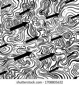 Chaotic and directed, a vector for moving forward as a contrast to chaos and disorganization. black arrows and lot of chaotic curved , chaotic and abstract, hand-drawn graphics