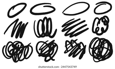 Chaotic doodles with a marker. Hand drawn elements to highlight. Childish drawing. Curly brush strokes, marker scrawls. Vector textured illustration.