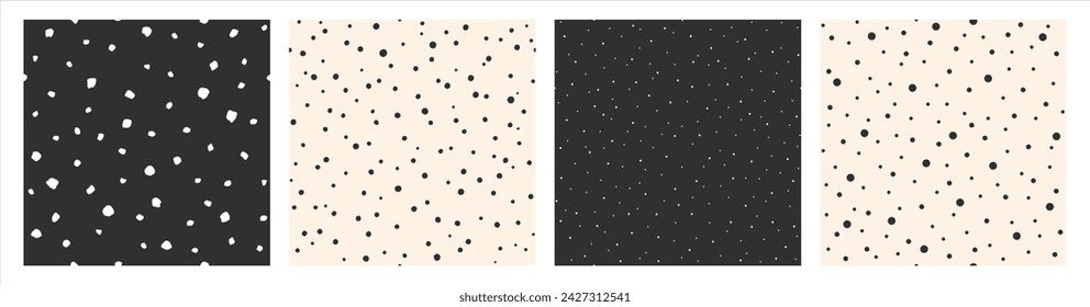 Chaotic dots, spots vector seamless patterns set. Digital and hand drawn uneven blobs, ink specks, flecks, round paint drops. Artistic dotted backgrounds collection. Snow, starry night templates.