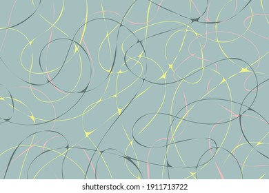 Chaotische und elegante abstrakte Komposition in zarten und gedämpften Farben. Curly Streifen in gelben und blauen Farben schneiden und erstellen Knoten auf hellblauem Hintergrund. Einfaches und flaches künstlerisches Netz.