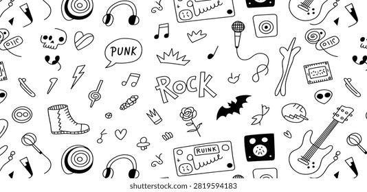 A chaotic and energetic black and white doodle pattern filled with various symbols associated with rock and roll and punk music culture. Elements include electric guitars, microphones, headphones, skulls, bats, roses, boots, lightning bolts, crowns, music notes, and speech bubbles with words like 