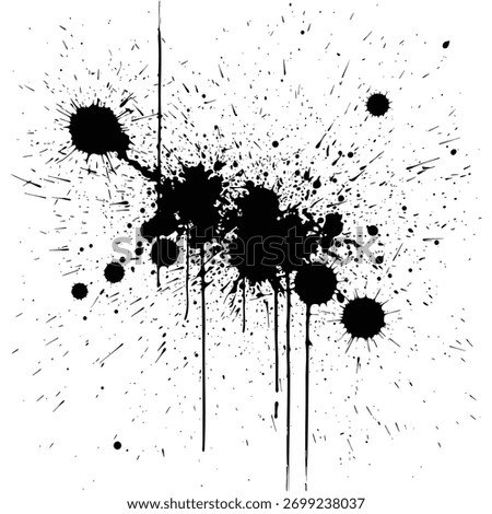 A chaotic explosion of black ink splatters and drips creates an abstract, energetic pattern.