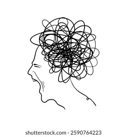 Chaotic expression of anxiety and overwhelm illustrated through abstract lines and human silhouette