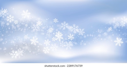 Chaotic falling snow flakes illustration. Snowstorm dust frozen granules. Snowfall weather white blue backdrop. Vibrant snowflakes january vector. Snow hurricane scenery.