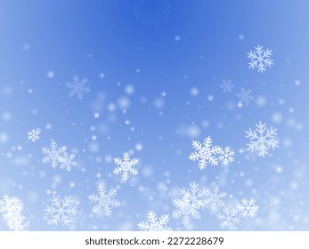 Chaotic falling snowflakes background. Wintertime dust freeze elements. Snowfall weather white blue illustration. Vibrant snowflakes february theme. Snow nature landscape.