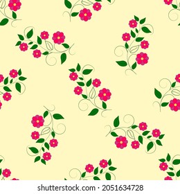 Chaotic flower twigs on a yellow background. Decorative colorful elegant romantic seamless pattern for decor, wallpaper, fabric, prints. Abstract fashion texture. Vector illustration