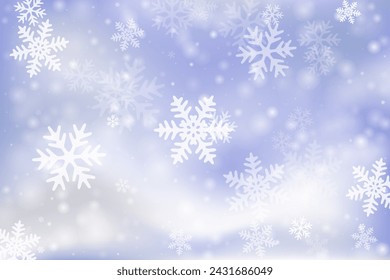 Chaotic flying snow flakes backdrop. Snowstorm speck frozen particles. Snowfall sky white blue composition. Glimmer snowflakes february texture. Snow nature scenery.