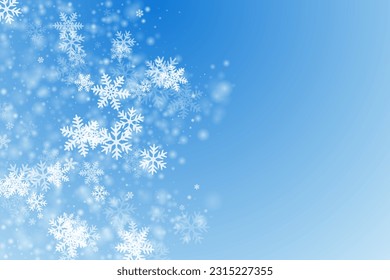 Chaotische Schneeflocken-Zusammensetzung. Schneesturm Fleck gefrorenes Granulat. Schneefliege Himmel, weiße blaue Illustration. Schimmernde Schneeflocken, Weihnachtsvektor. Schneekalte Saisonlandschaft.