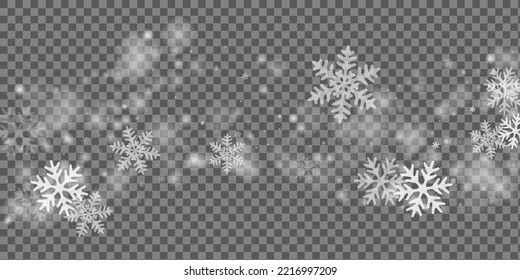Chaotic flying snowflakes composition. Snowfall speck freeze granules. Snowfall weather white transparent wallpaper. Bokeh snowflakes christmas texture. Snow nature scenery.
