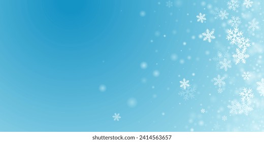 Chaotic flying snowflakes composition. Snowfall speck ice shapes. Snowfall weather white teal blue illustration. Swirling snowflakes january texture. Snow cold season scenery.