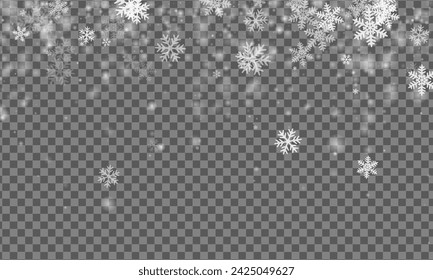 Chaotic flying snowflakes pattern. Snowfall speck freeze particles. Snowfall sky white transparent backdrop. Scattered snowflakes february texture. Snow cold season landscape.