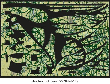 Chaotic forest motifs for interior solutions or fabrics. Dark textural background for camouflage uniform, business concepts, covers, scrapbooking, textiles, tiles, prints, dynamic posters, etc. Vector