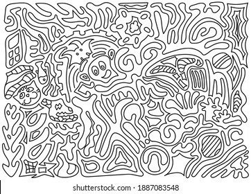 Chaotic freehand drawing, flowing lines, black and white coloring. Doodle style.