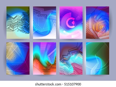 Chaotic geometric backgrounds set. Applicable for covers, placards, posters, flyers and banner designs. Abstract geometry banners. Fluorescent colors backgrounds set. Holographic effect.