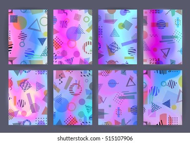 Chaotic geometric backgrounds set. Applicable for covers, placards, posters, flyers and banner designs. Abstract geometry banners. Fluorescent colors backgrounds set. Holographic effect.