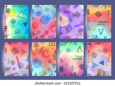 Chaotic geometric backgrounds set. Applicable for covers, placards, posters, flyers and banner designs. Abstract geometry banners. Fluorescent colors backgrounds set. Holographic effect.