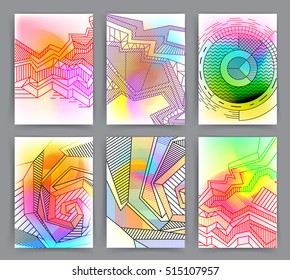 Chaotic geometric backgrounds set. Applicable for covers, placards, posters, flyers and banner designs. Abstract geometry banners. Fluorescent colors backgrounds set. Holographic effect.