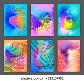 Chaotic geometric backgrounds set. Applicable for covers, placards, posters, flyers and banner designs. Abstract geometry banners. Fluorescent colors backgrounds set. Holographic effect.
