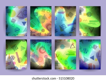 Chaotic geometric backgrounds set. Applicable for covers, placards, posters, flyers and banner designs. Abstract geometry banners. Fluorescent colors backgrounds set. Holographic effect.