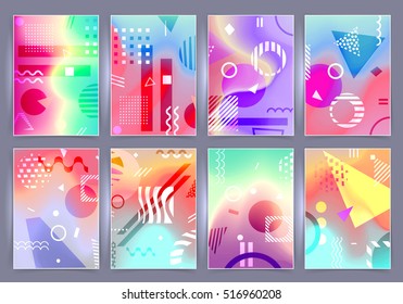 Chaotic geometric backgrounds set. Applicable for covers, placards, posters, flyers and banner designs. Abstract geometry banners. Fluorescent colors backgrounds set. Holographic effect.