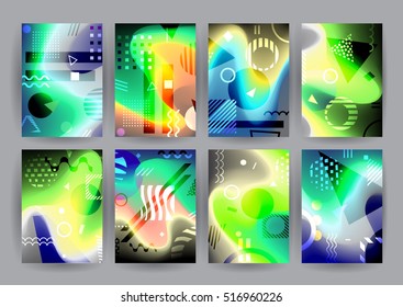 Chaotic geometric backgrounds set. Applicable for covers, placards, posters, flyers and banner designs. Abstract geometry banners. Fluorescent colors backgrounds set. Holographic effect.