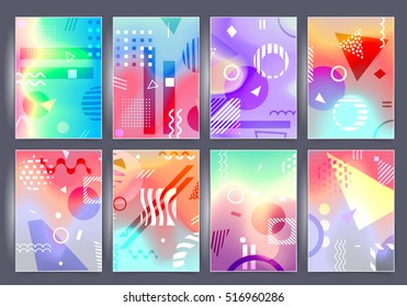 Chaotic geometric backgrounds set. Applicable for covers, placards, posters, flyers and banner designs. Abstract geometry banners. Fluorescent colors backgrounds set. Holographic effect.