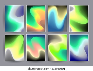 Chaotic geometric backgrounds set. Applicable for covers, placards, posters, flyers and banner designs. Abstract geometry banners. Fluorescent colors backgrounds set. Holographic effect.
