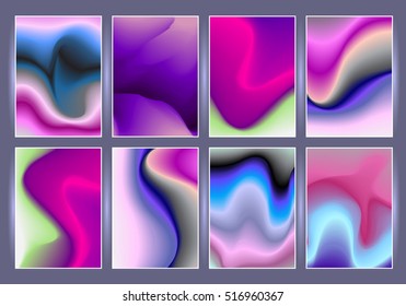 Chaotic geometric backgrounds set. Applicable for covers, placards, posters, flyers and banner designs. Abstract geometry banners. Fluorescent colors backgrounds set. Holographic effect.