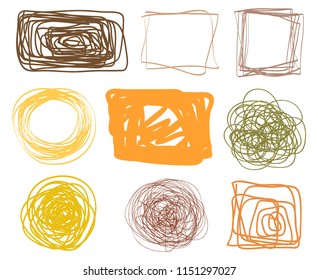 Chaotic geometric frames. Colored abstract tangled borders. Hand drawn dinamic scrawls. Multicolored illustration. Backgrounds with chaos stripes. Line art creation. Sketchy doodles for work