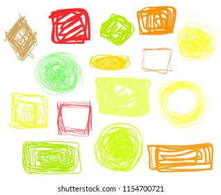 Chaotic geometric frames on isolated white. Colored abstract tangled borders. Hand drawn dinamic scrawls. Backgrounds with chaos stripes. Line art creation. Sketchy doodles for work
