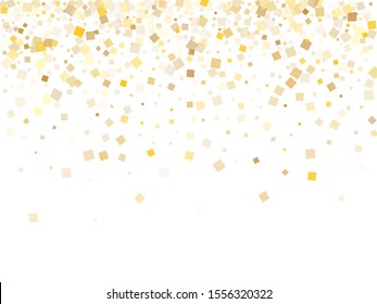 Chaotic gold confetti sequins tinsels falling on white. VIP New Year vector sequins background. Gold foil confetti party particles isolated. Light dust pieces party background.