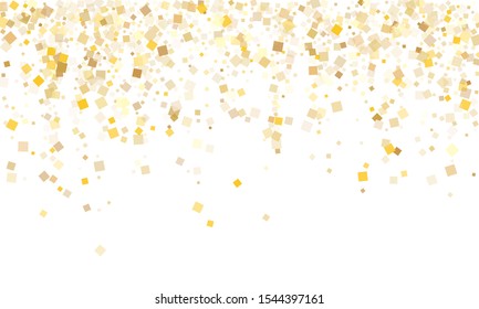 Chaotic gold square confetti tinsels flying on white. Glittering New Year vector sequins background. Gold foil confetti party particles pattern. Square pieces party background.