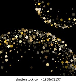 Chaotic gold square confetti tinsels falling on black. Chic holiday vector sequins background. Gold foil confetti party pieces illustration. Light dust sparkles invitation backdrop.