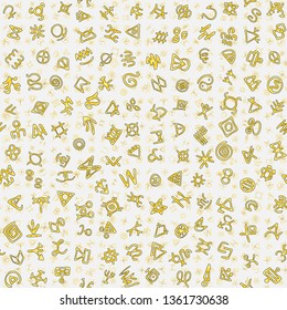 Chaotic golden ancient symbols charms magic signs seamless pattern background. Secret signs, knots, interlacings. Concept of secret and origin of mankind. Mascots, charms, logos, magic signs on white