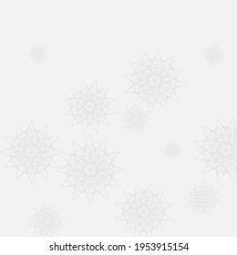 Chaotic Grey Ice Luxury Mandala Background. Print Snowflakes Cold Innocent Stars Ornament. Christmas Frost Winter White New Year Sky Background. Mystery Monochrome Silver Sharp Composition.