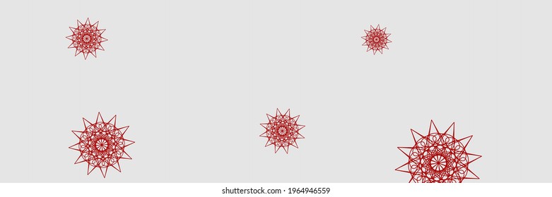 Chaotic Grey Stars Bright Composition. New Year Silver Winter Christmas Mandala Background. Santa White Horizontal Snowflakes Bright Sky Background. Holiday Ornamental Red Print Snow Ornament.