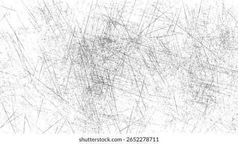 Textura grunge caótica com linhas de arranhões agrupadas e ruídos ásperos angustiados. Design de sobreposição abstrata sobre fundo branco. Arte de superfície de padrão afiado vintage.
