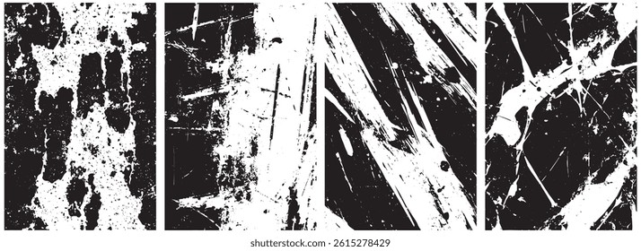 Chaotic Grunge Texture Set, Abstract Black and White Paint Splatter, Scratched, and Distressed Surface Backgrounds