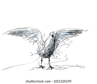 Dibujo de garrapatas dibujado a mano caótica de la gaviota de crema con alas de propagación, ilustración vectorial sobre fondo blanco