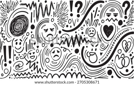 Chaotic hand drawn texture of swirls zigzags and expressions. Stress agitation confusion concept.