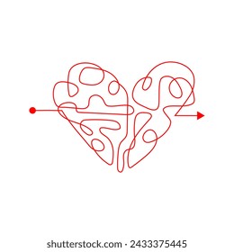 Chaotic heart line. Red heart messy line. Love triangle, tangle of thoughts. Concept Plan B, Point B. Vector illustration isolated on white background. Tangled love story, chaotic arrow line