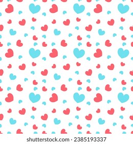 Chaotische Herzen auf Rosa und Blau. Chaotische Muster verschiedener Herzen. Nahtloses Muster mit Herzen zum Valentinstag. Vektormuster für Textilien im Flachstil