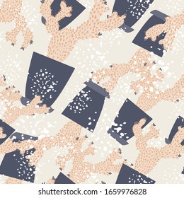 Chaotic houseplant cacti wallpaper. Abstract cactus in pot seamless pattern. Design for fabric, textile print, wrapping paper. Creative vector illustration.