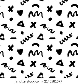 Chaotic ink brush scribbles decorative texture in memphis style. Hand drawn curved and wavy lines with grunge circles, triangles and crosses. Vector seamless pattern with black grunge shapes