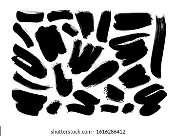 Chaotic ink brush strokes vector illustrations set. Dry black paint brushstrokes collection isolated on white background. Dirty smears, grungy random smudges. Monochrome paintbrush design elements